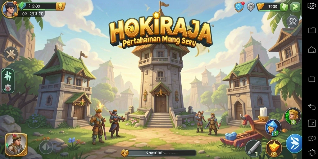 Screenshot gameplay HOKIRAJA menampilkan aksi menara pertahanan yang intens.