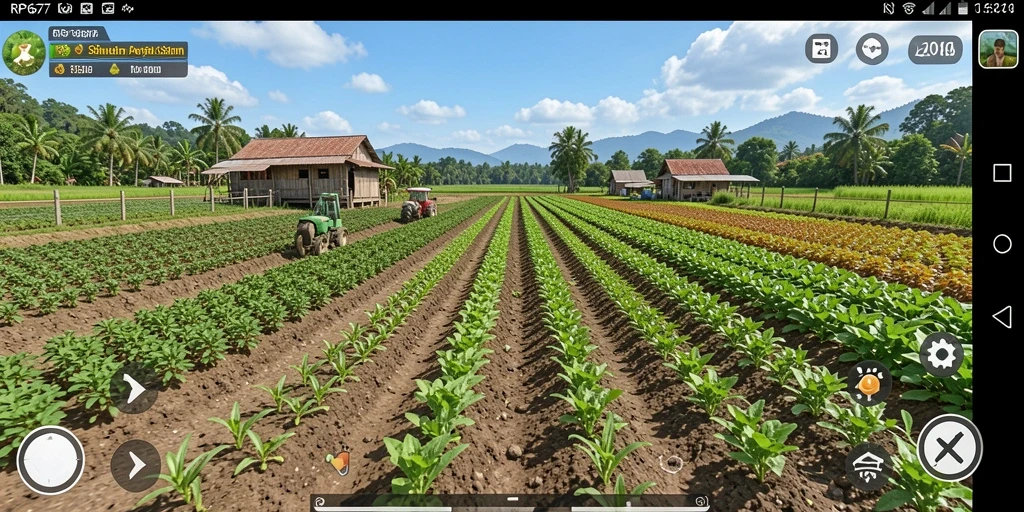 Screenshot gameplay RP6677 menampilkan kebun yang subur dan hewan ternak yang lucu.